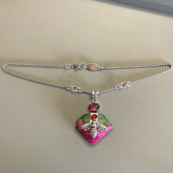 925 sterling silver overlay pink green agate & mystic topaz bee boho necklace . - Picture 13 of 14